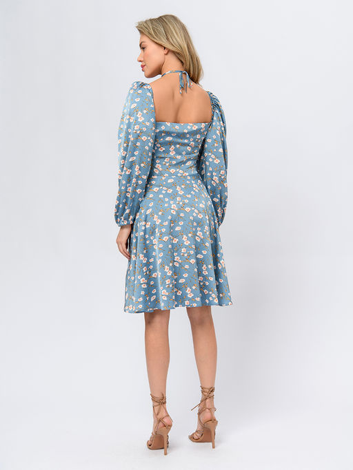 Платье серо-голубого цвета с принтом длины мини со сборкой на лифе - 1001dress фото 4