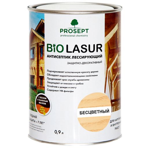 PROSEPT BIO LASUR - антисептик лессирующий защитно-декоративный; Бесцветный 0,9л