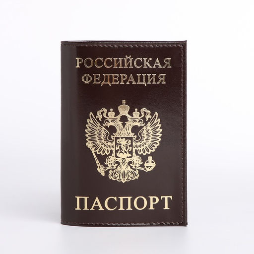 Обложка для паспорта, с гербом, с тиснением фольгой, гладкая, коричневая