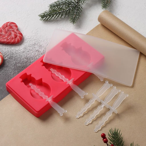 Форма для мороженого новогодняя Доляна Снеговик, силикон, 18?9?2 см, 3 ячейки, с палочками, красная