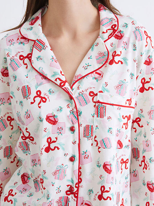 G?mlek Yaka Y?lba?? Temal? Kad?n Pijama Tak?m?