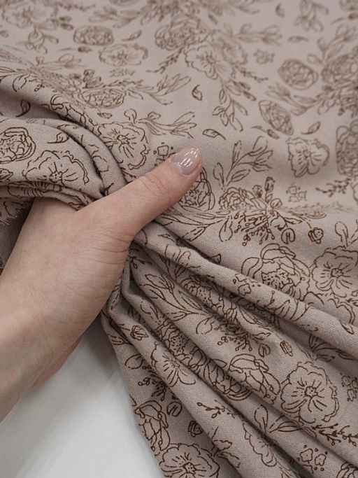 Теплый хлопок Букеты пионов на бежево-кофейном, ш.1.5м, хлопок-100%, 160гр/м.кв - Купава фото 5