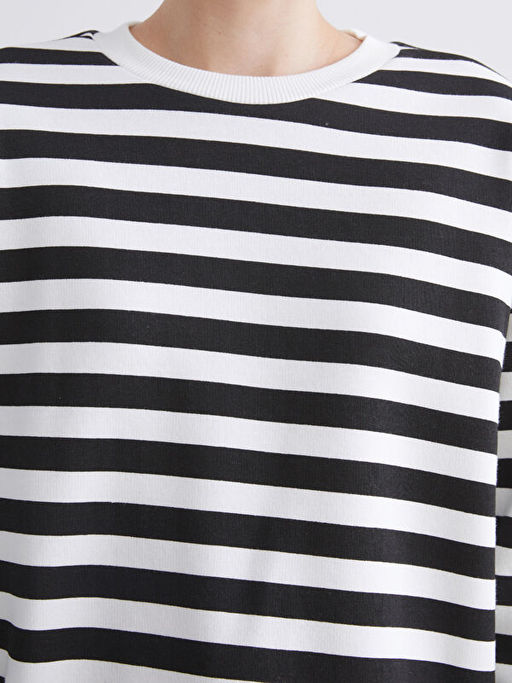 Bisiklet Yaka ?izgili Oversize Kad?n Sweatshirt