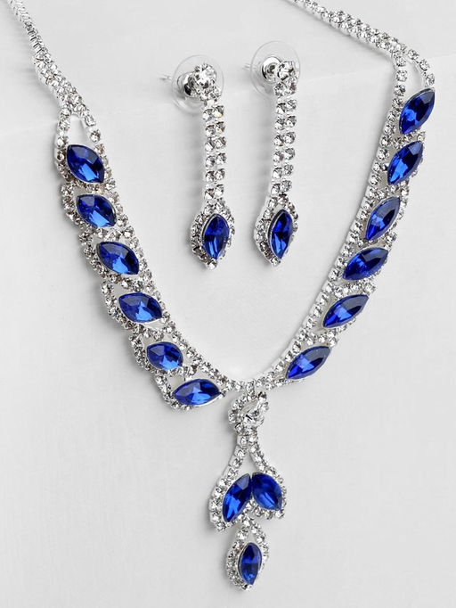 Набор 2 предмета: серьги, колье Листопад ромб, цвет сине-белый в серебре, 45 см