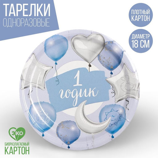 Цена за 10 шт. Тарелка бумажная 1 годик, звёзды и шарики, 18 см, цвет голубой - Страна карнавалия фото 5