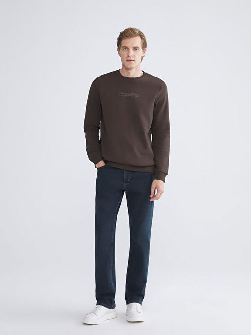 Bisiklet Yaka Bask?l? Erkek Kal?n Sweatshirt