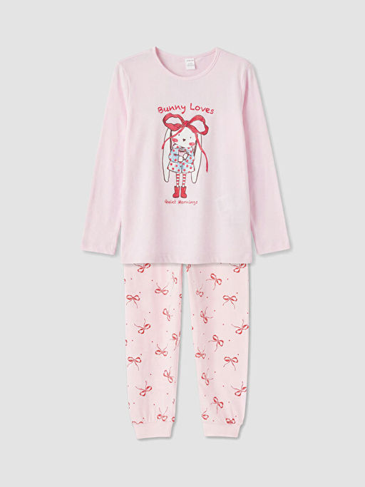 Bask?l? Bisiklet Yaka K?z ?ocuk Pijama Tak?m