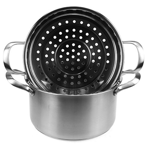 "Люкс" Пароварка из нержавеющей стали 4,5л, д22см, h19см, стеклянная крышка, ручки нержавеющая сталь, с теплораспределительным дном 0,8см, цветная коробка (Китай)