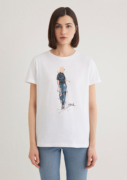 Denim K?z Bask?l? Beyaz Istanbul Tisort - Mavi фото 3