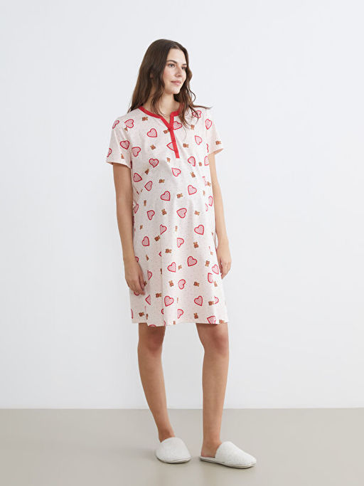 Ka??k Yaka Kalp Desenli Hamile Gecelik