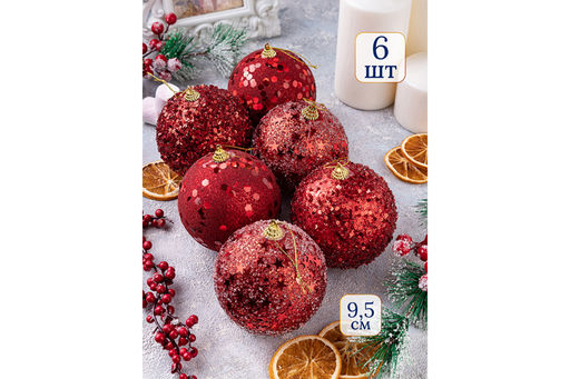 Набор 6 новогодних шаров 9,5*9,5 см Красный