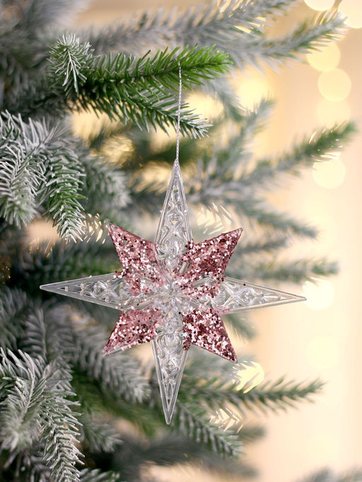 Цена за 3 шт. Ёлочная игрушка Зимнее волшебство. Звезда сияние серединка блеск, 1212 см, прозрачно-розовый фото 9