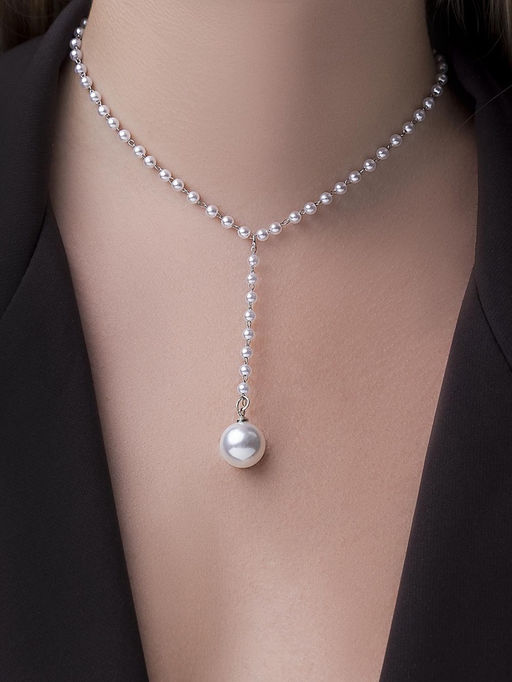 Колье с жемчугом Олимпия, белое в серебре, 32 см