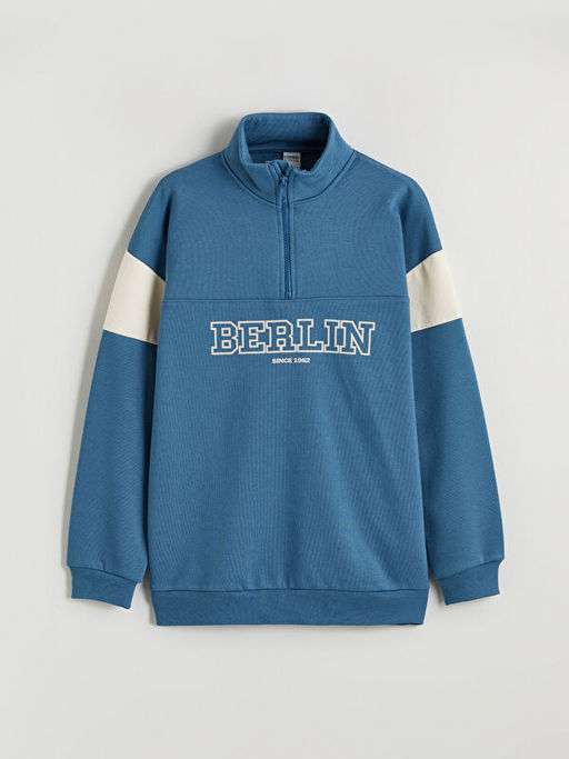 Dik Yaka Berlin Bask?l? Erkek ?ocuk Kal?n Sweatshirt