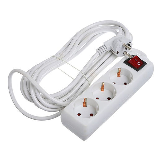 Удлинитель Luazon Lighting, 3 розетки, 5 м, 6 А, 1300 Вт, 3×0.75 мм2, с заземлением, с выключателем, белый