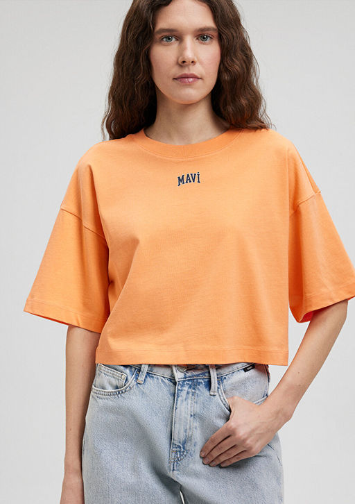 Mavi Logo Bask?l? Turuncu Crop Tisort