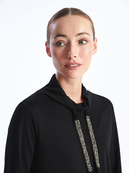 Dik Yaka Bask?l? Uzun Kollu Kad?n Tunik