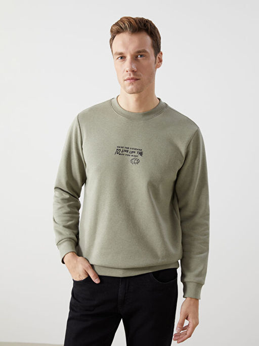 Bisiklet Yaka Bask?l? Erkek Kal?n Sweatshirt