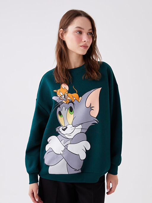 Bisiklet Yaka Tom ve Jerry Bask?l? Uzun Kollu Oversize Kad?n Sweatshirt - Waikiki фото 2