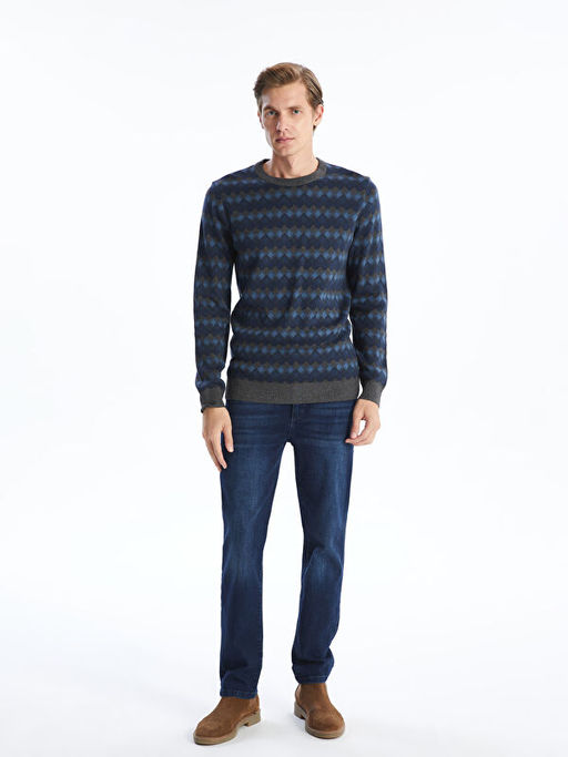 Bisiklet Yaka Uzun Kollu Desenli Erkek Triko Kazak