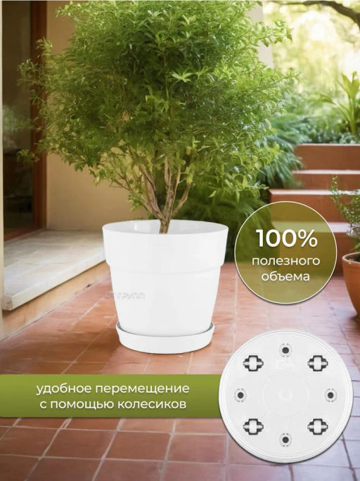 Горшок для цветов InGreen Villa de Fiori,фикс.под.26л,D380мм,на колес.,белоснежный жасминIG660510048 - Пластик репаблик фото 6