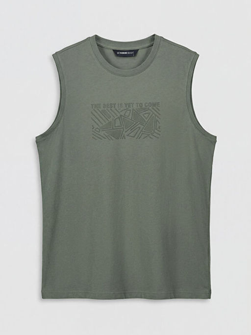 Bisiklet Yaka Bask?l? Penye Erkek Kolsuz Ti??rt