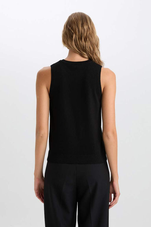 Женский черный однотонный свитер в рубчик без рукавов с круглым вырезом и круглым вырезом - Defacto фото 6