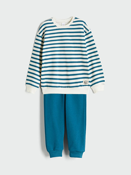 Bisiklet Yaka ?izgili Erkek ?ocuk Sweatshirt ve E?ofman Alt 2li