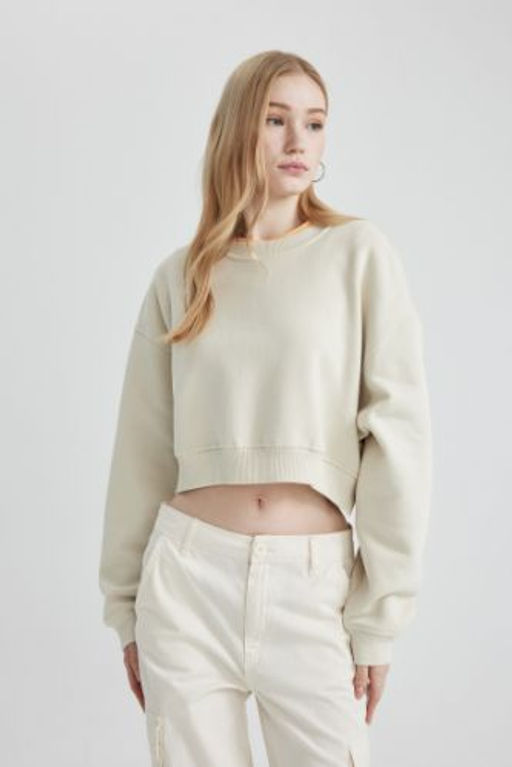 Coool Bisiklet Yaka Crop Basic Duz Sweatshirt