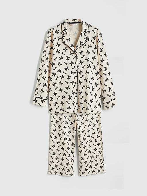 G?mlek Yaka Fiyonk Bask?l? Hamile Pijama Tak?m?