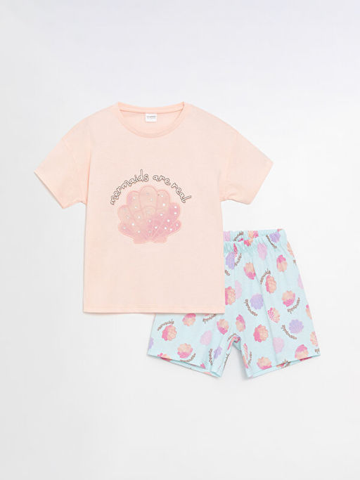 Bisiklet Yaka Bask?l? K?sa Kollu K?z ?ocuk ?ortlu Pijama Tak?m?