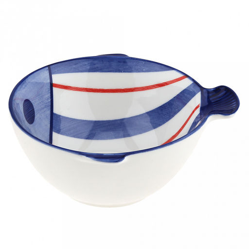 "Синий полосатик" Салатник фарфоровый 600мл, д14,2см, h7см, с ручкой хвостом и плавниками (длина 16,2см), отводка, белый (Китай)