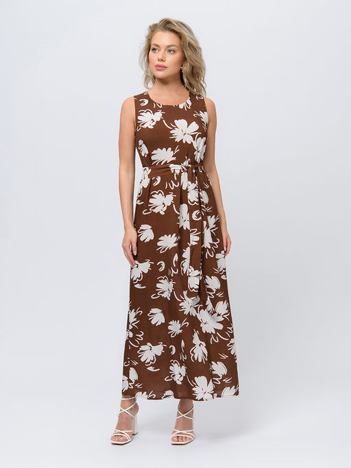 Платье коричневого цвета длины макси с цветочным принтом и поясом - 1001dress фото 2