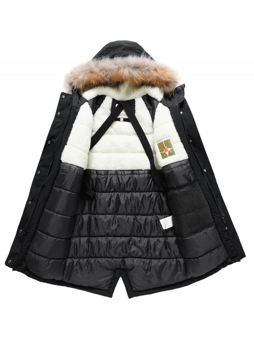 Парка зимняя подростковая для девочки с капюшоном и мехом черного цвета 9536Ch