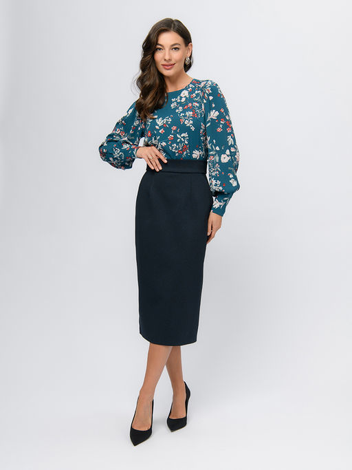 Блуза бирюзового цвета с принтом и длинными рукавами - 1001dress фото 2