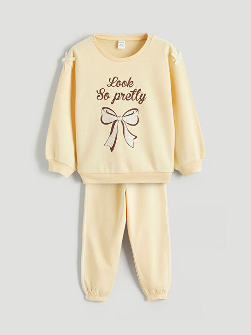 Bask?l? K?z ?ocuk Sweatshirt ve Pantolon 2li