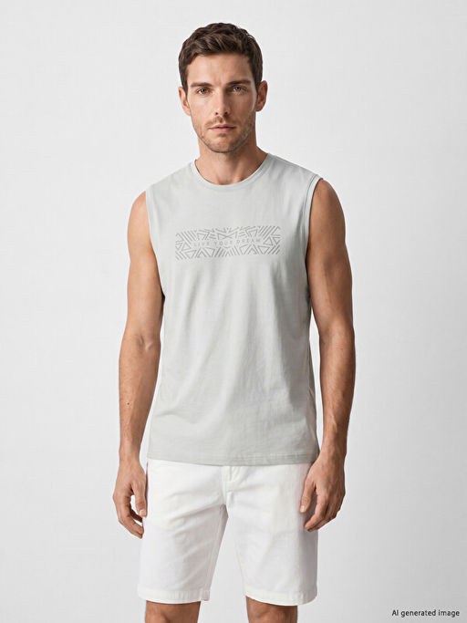 Bisiklet Yaka Bask?l? Erkek Kolsuz Ti??rt