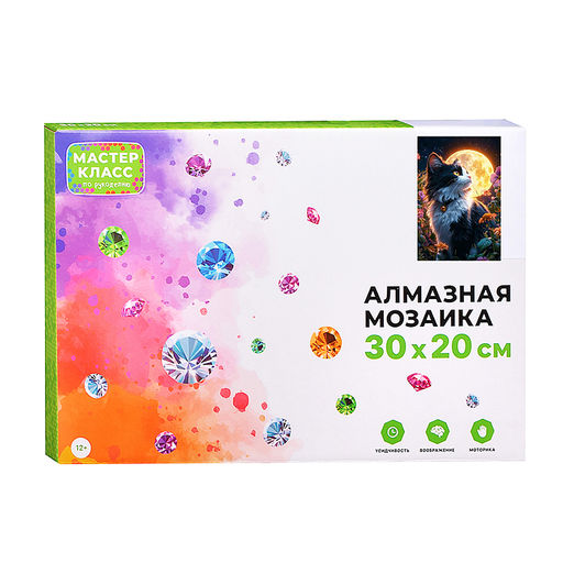 Мозаика алмазная "Черно-белый котик" (светится в темноте) 30*20 см.