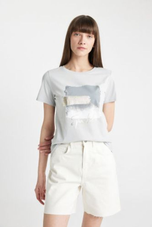 Regular Fit Bisiklet Yaka Bask?l? Penye K?sa Kollu Tisort