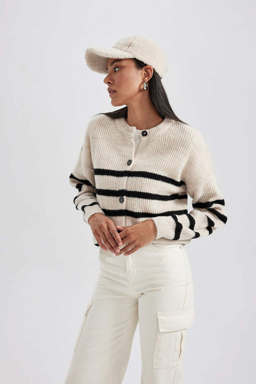 Полосатый кардиган стандартного кроя с круглым вырезом из ткани Selanik - Defacto фото 5