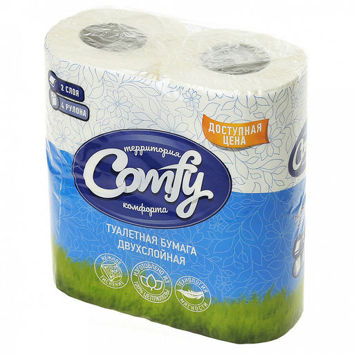 Туалетная бумага 2-х слойная, 4 рулона, 130 листов 12х9см, целлюлоза 100%, плотность 21-23г/м2, с тиснением и перфорацией, ГОСТ Р 52354-2005, Comfy (Россия)