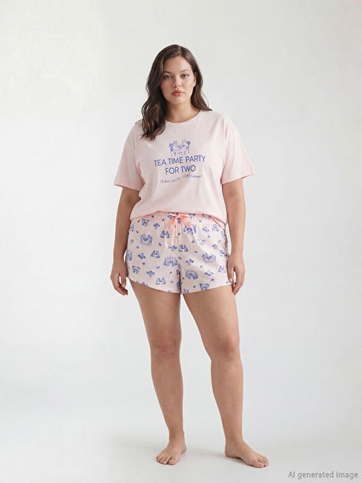 Bisiklet Yaka Bask?l? Kad?n ?ortlu Pijama Tak?m?