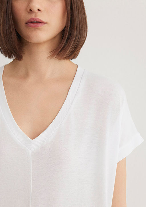 V Yaka Beyaz Basic ViskozTisort - Mavi фото 5