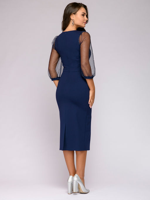 Платье синее длины миди с рукавами фонарик из фатина - 1001dress фото 4