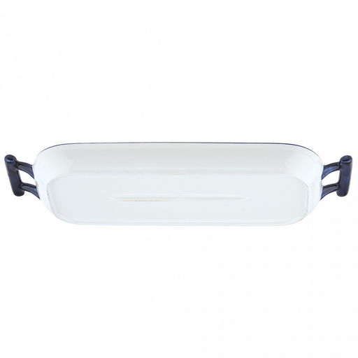 Форма для запекания керамическая "Сезон" 360мл, 26,5х10,8х2,5см, гриль, прямоугольная, 2 ручки, общая длина 32см, белый/синий, в коробке (Китай)