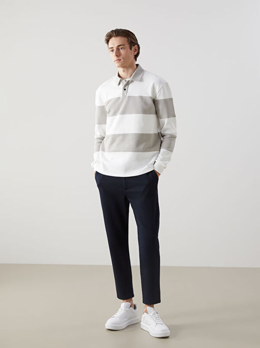 Polo Yaka Uzun Kollu ?izgili Erkek Sweatshirt