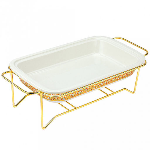 "Мармит Белый" Форма для запекания 1,2л, прямоугольная, 29х17,5см h5,5см, керамика с деколью, цвет - белый, стеклянная крышка с пароотводом, пластмассовая ручка-кнопка "мишка", металическая подставка с ручками, с подогревом на 2 свечи 36х17,5х11,5см,