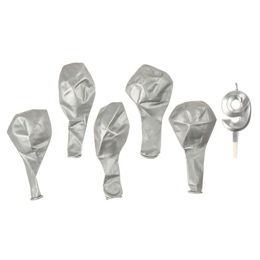 Свеча для торта, цифра 9 + воздушные шары, 5 шт, серебро - Страна карнавалия фото 3