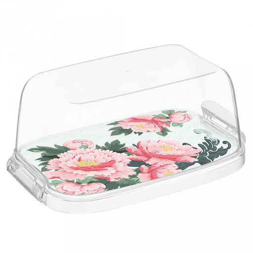 Масленка пластмассовая Bergamo 16х10х7см, прозрачная крышка h5,5см, с декором Сад пионов (Россия)