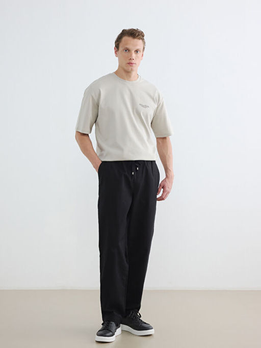 Loose Fit Bisiklet Yaka Bask?l? Erkek Ti??rt